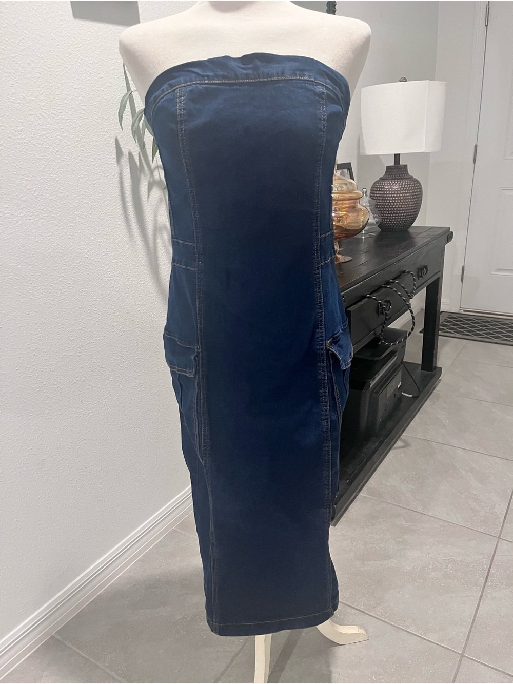 SHEIN Strapless Dark Blue Denim Midi Dress